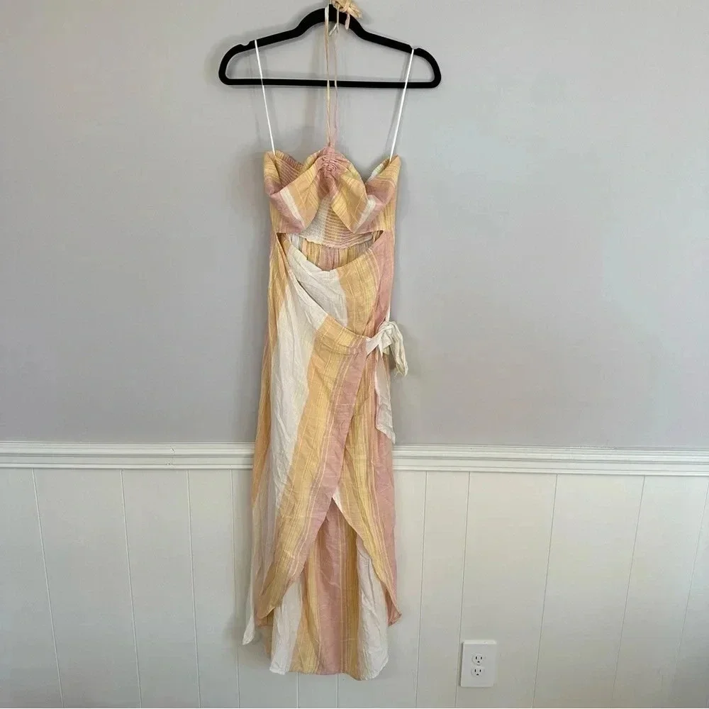 L Space Solana Cover-Up Women's Halter Wrap Dress Cream, Yellow, Pink Sz XL NWT